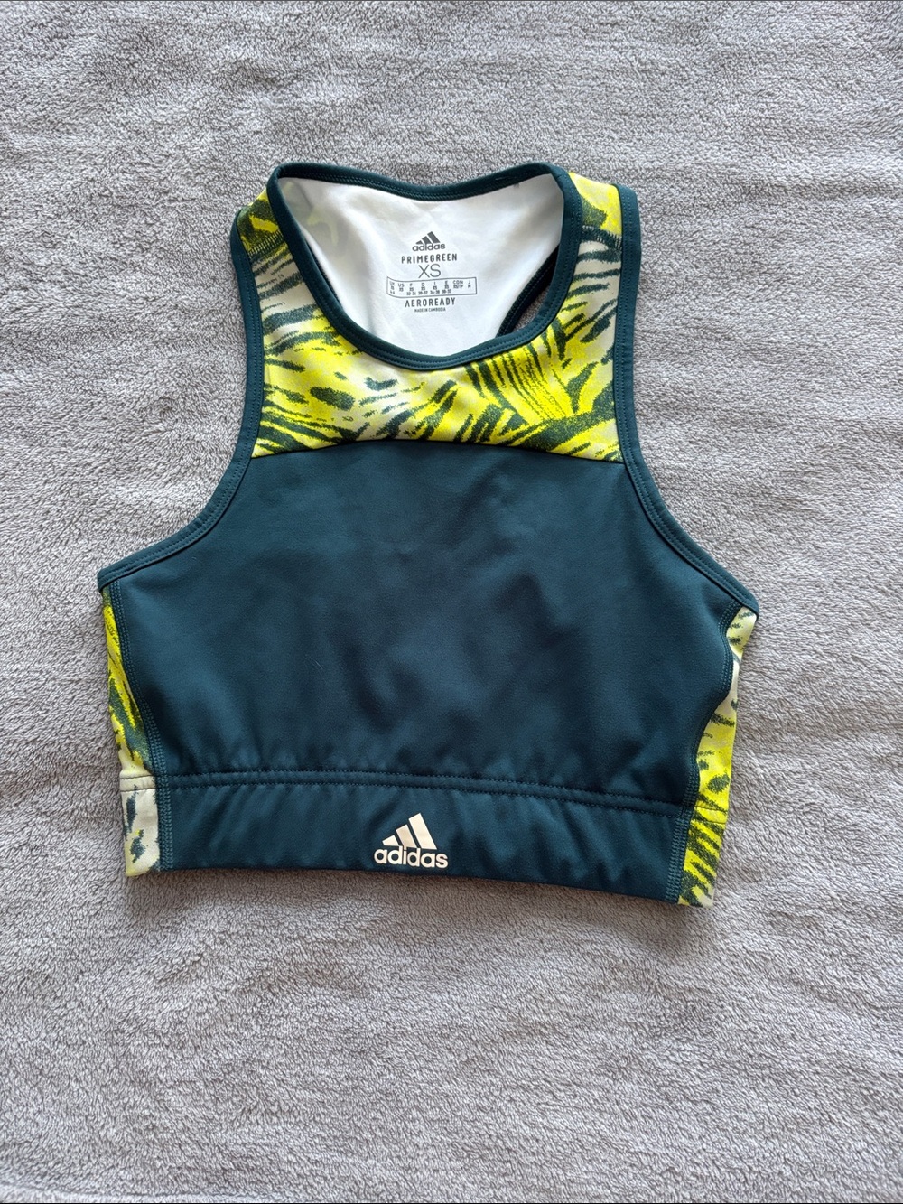 adidas Women's Dark Green Sport Bra with Yellow Print Accents